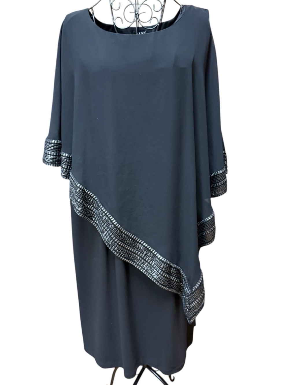SLNY Plus-Size Black Asymmetrical Cold Shoulder Dress Silver Embellished Hem 16W